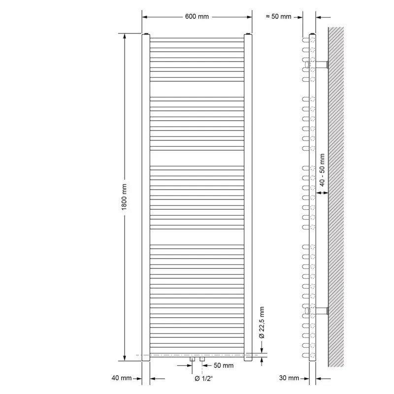 Badkamerradiator Sahara 600x1800 mm antraciet gebogen met middenaansluiting en set voor wandaansluiting