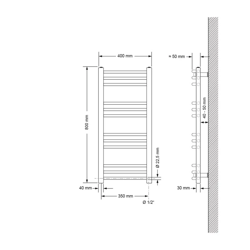 Elektrische badkamerradiator met verwarmingselement 300W 400x800 mm antraciet gebogen met zijaansluiting LuxeBath