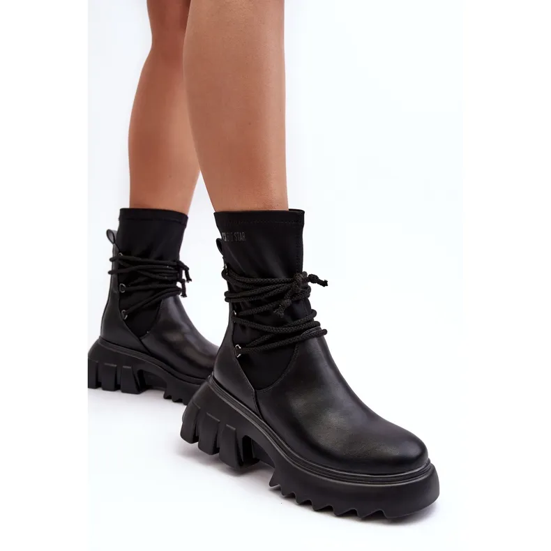 Laarzen op een enorm platform met strikbanden, Black Big Star MM274590 zwart
