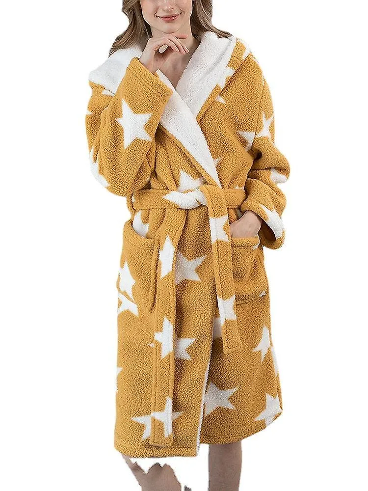 Women Star Print Fleece Thick Lace-Up Double Pockets Casual Home Warm Hooded Robes